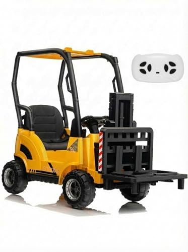 Garvee 12V Voiture Électrique Enfant sur Chariot Élévateur avec Tente, Jouet De Construction avec Fourche Réglable Et Palette, Idéal pour Intérieur Et Extérieur, Jaune
