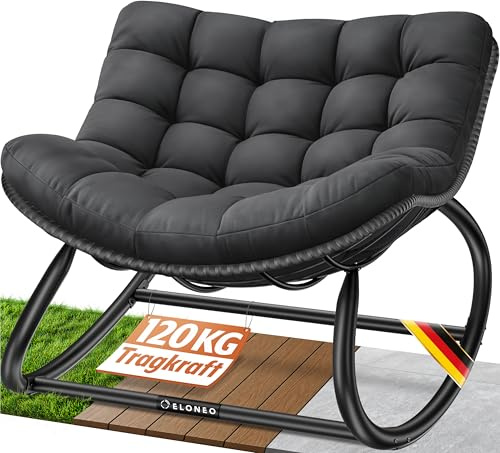 ELONEO Schaukelstuhl Outdoor XXL, ergonomischer Schaukelsessel mit Premium Sitzpolster für drinnen & draußen, Balkonsessel, wetterfester Loungesessel Outdoor, rutschfest, bis 120kg, Schwarz
