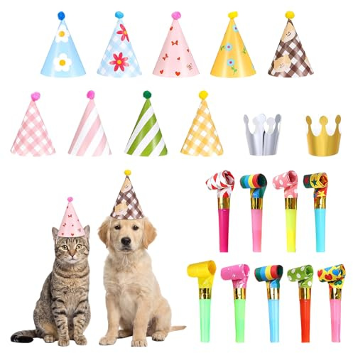 Set de 20 Piezas Gorro Cumpleaños y Corona para Perros y Gatos, 11 Gorros de Fiesta con Pompones y 9 Matasuegras de Colores, Accesorios para Celebración de Mascotas, Cumpleaños y Fiestas