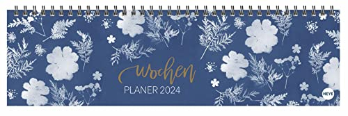 Indigo Wochenquerplaner 2024. Kalender-Kunst: Weiße Blumen-Motive auf dunkelblauem Hintergrund machen diesen Schreibtisch-Querkalender zum Highlight! Wochenkalender 2024 Querformat.