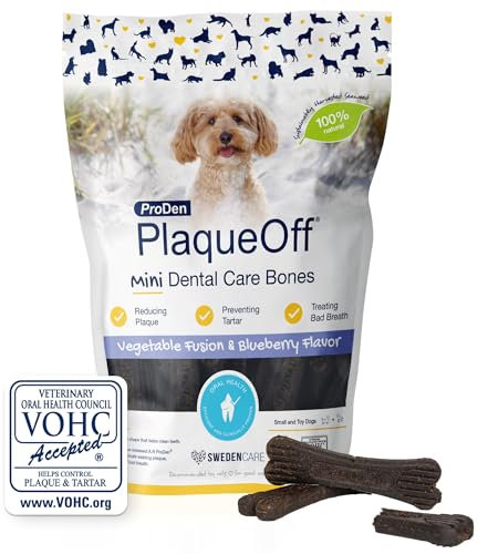 ProDen PlaqueOff Mini Huesos Dentales para Perros Pequeños, 20 Huesos Sabor Fusión de Vegetales y Arándano – Elimina el Sarro, la Placa y el Mal Aliento, Mejora la Salud Bucal