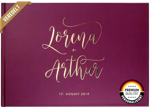 DeinWeddingshop Deluxe Hochzeitsgästebuch | Gästebuch zur Hochzeit personalisiert | Veredelung in Gold, Rosé-Gold, Silber oder Kupfer | A4 quer | Burgund, Weinrot, Inhalt blanko - weiße Seiten