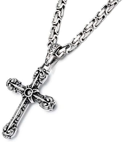 Schmuck-Checker Verzierter Kreuzanhänger aus Edelstahl silber schwarz Königskette Biker Herrenschmuck Gothic Kreuz Männer Geschenk