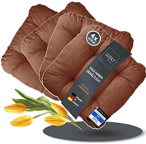 LILENO HOME 4er Set Stuhlkissen Braun (38x38x8 cm) - Sitzkissen für Gartenstuhl, Küche oder Esszimmerstuhl - Bequeme UV-beständige Indoor u. Outdoor Stuhlauflage als Stuhl Kissen