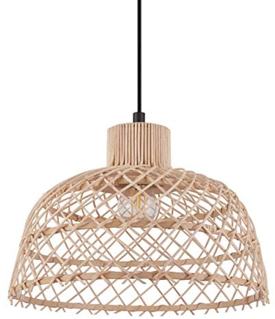 EGLO Pendelleuchte Ausnby, 1 flammige Hängelampe Vintage, Skandinavisch, Boho, Hängeleuchte aus Holz in Natur und Metall in Schwarz, Esstischlampe, Wohnzimmerlampe hängend mit E27 Fassung