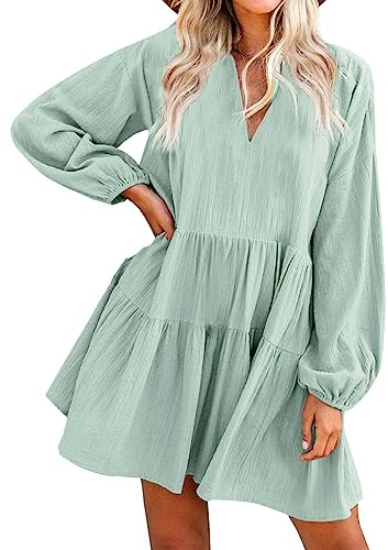 FANCYINN Damen Rüschen Glockenärmel Etuikleid Babydoll Leinen Casual Minikleid Weihnachtskleid mit Taschen Langarm Hellgrün XL