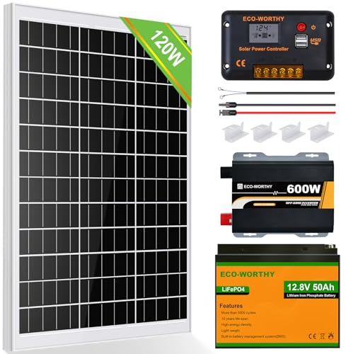 ECO-WORTHY Système complet 120W 12V: 1pc Panneau Solaire 120W+Batterie Lithium 50Ah+Onduleur 600W + Contrôleur 30A + Accessoires de Montage