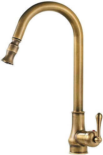 FWZJ Kitchen Sink Mixer Tap 360° Swivel Retro Style, Pull Out Spout Antique Brass Single Lever Kitchen Sink Tap, Single Handle Solid Brass Monobloc Mixer Kitchen Tap