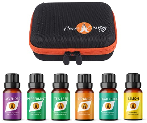 Essential Oil Gift Set Travel Case – 6X 10ml Essential Oils – Lavender, Peppermint, Tea Tree, Orange, Eucalyptus, Lemon – Aromatherapy Bottle Zip Storage Carry Kit – Free Tools