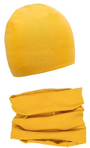 Foruhoo Baby Mädchen Beanie Mütze + Schlauchschal 2er Set, Wintermütze für Jungen Mädchen Baumwolle (48M und 6-24 Monate, Baumwolle Set: Gelb)