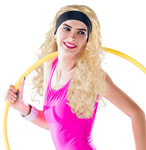 Balinco Lockige Aerobic Langhaar Perücke blond mit integrierten schwarzem Stirnband | Curly Wig | Haarschmuck | 80er Jahre Toupet | Headwear | Karneval Fasching Halloween Party