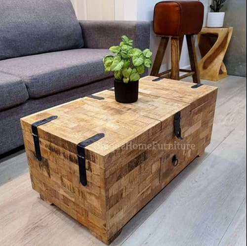 Rustic Coffee Table Solid Wood Storage Trunk Vintage Industrial Style Treasure Box Living Room Furniture Large Drawer Wooden Blanket Unit