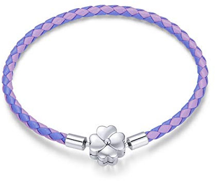 Women's Charm Bracelet 17-19 cm 925 Sterling Silver Blue Leather Love Lock Snowflake Charm Christmas for Mum Wife (Purple Lucky Clover 19cm Bracelet)