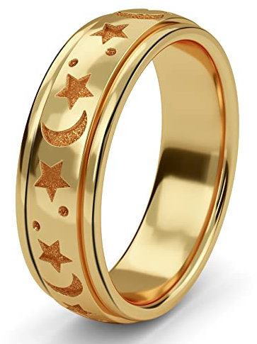 SHOP LC Anti-Stress-Angst-Spinner-Ring für Damen & Herren | Rotierender Mond- und Sternenring aus 925er Silber | Vergoldeter Verlobungsring | Fidget-Spinner-Ring zur Stresslinderung