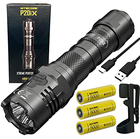 Nitecore Value Bundle P20iX USB-C Type-C Linterna LED USB 4000 lúmenes con accesorios de primera calidad 2 x extra NL2150HPi y Eco-Sensa cinturón Holster