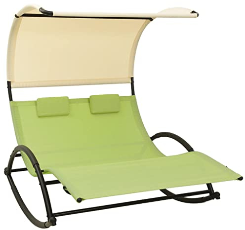 Doppel-Sonnenliege Doppelliege mit Sonnendach und zwei Kissen, Relaxliege für 2 Personen, Gartenliege Schaukelliege ergonomisch geformte Liegefläche aus Stahlrahmen und Textilene, Grün und Creme