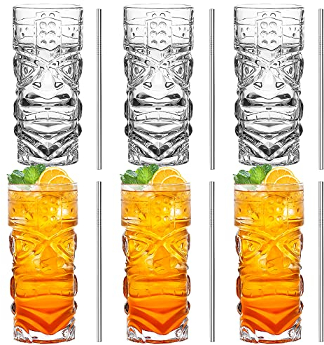 INFTYLE Clear Tiki Glasses Set of 6-14 oz Modern Bar Tiki Cocktail Glasses Perfect for Exotic Cocktails,Mai Tai, Hawaiian Style Cocktails, Tropical Island Drinksware Set (TKGlass-6)
