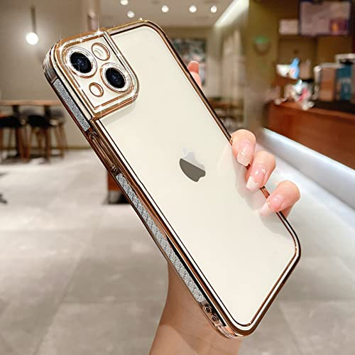 Teageo für iPhone 14 Hülle Crystal Clear Mädchen Glitzer Diamant Muster Handyhülle Weiche Silikon Kameraschutz Kratzfest Stoßfeste Schutzhülle for iPhone 14 6.1 inch, Gold