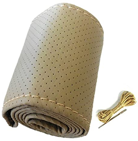 aqxreight Lenkradbezug, Universal-Auto-Lenkradbezug, Handnähen, Perforiertes Mikrofaser-Leder-Lenkradbezug für 38 cm Durchmesser (Beige)