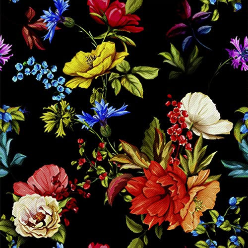 HEKO PANELS Stoff Oxford Wasserdichte Meterware Canvas-Stoff Polyester Stoff Zum Nähen Nähstoffe Möbelstoffe Dekostoffe Wasserabweisend Blickdicht Blumen Schwarz Bunt 1 Meter 155 x 100 cm