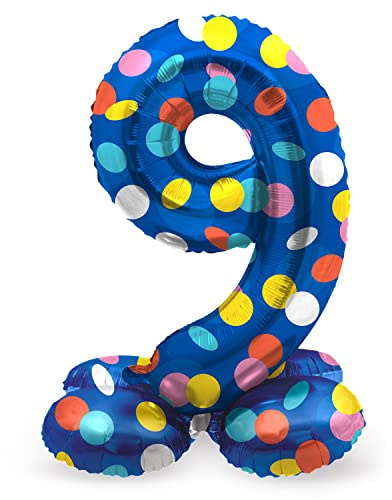 Folat 63979 Luftballon Geburtstag Stehender Ziffer Zahl 9 Colorful Dots Blau mit farbigen Punkten 72 cm - Decoration Geburtstagdeko, Ballon Zahl, Kein Helium erforderlich