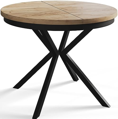 Esstisch Loft Berg, Ausziehbar, 90-170cm, Craft, Schwarze Metallbeine | Runder Tisch, Klappbarer, Küchentisch, Esszimmer, Modern Wohnzimmertisch, Zimmertisch, Moderner