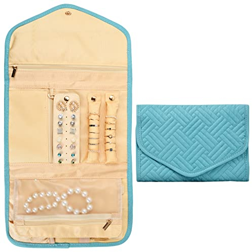 Cozlly Schmucktasche für Reisen, Schmuckrollen Tragbare, Reise Schmuck Organizer, Schmuck Aufbewahrung Tasche Faltbare, Schmuck Tasche für Ohrringe Ringe Halsketten Armbänder Uhren (Türkis)