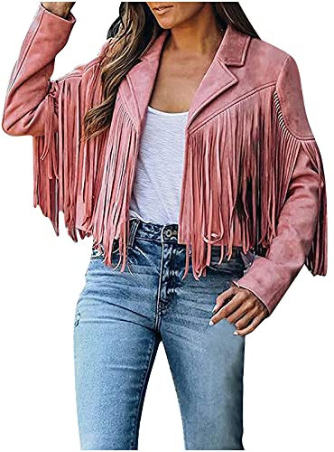 Veste courte en daim pour femme - Automne élégante - Manches longues - Veste d'été légère - Avec franges - Veste de motard vintage, Rose, L