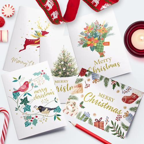 Dessie 30 einzigartige Weihnachtskarten mit Umschlägen 10,2 x 15,2 cm und goldenen Siegelaufklebern. Kurze Grüße im Inneren. Weihnachtskarten und Happy Holiday Grußkarten-Set.