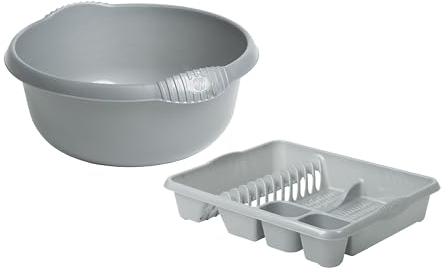 M1SS Set of 32cm Round Washing up Bowl with Large Dish Drainer Plate Rack Draining Board Tray Stand Sink Holder Kitchen Organiser (Silver)