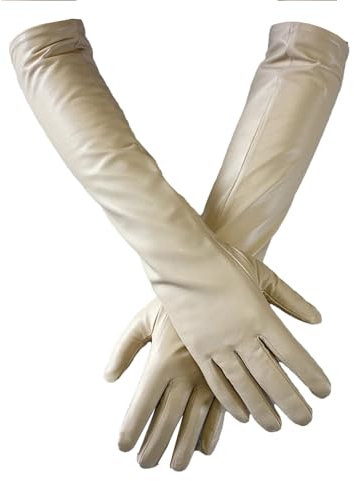 Lange Lederhandschuhe für Damen, Schaffell, dünn, über Ellenbogen, langes Fleecefutter, warme Winterhandschuhe, beige, 7
