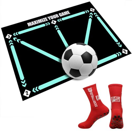 Fussball Matte Fußball-Trainingsmatte Ballkontrolle Trainingsmatte Stoßdämpfende Fußballmatte Silent Trainingsmatte Football Mastery Trainingsunterlage mit Fußball-Sportsocken (Matte+rote Socken)