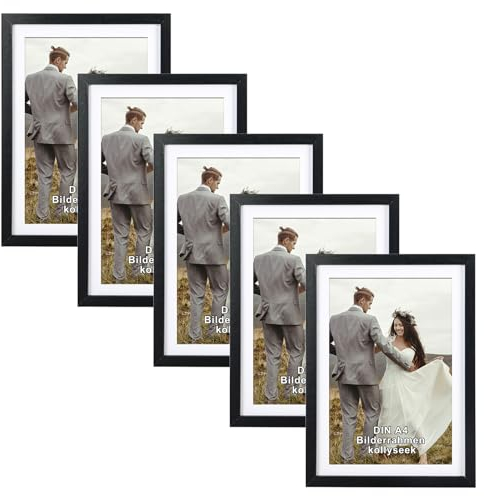 kollyseek 5er Set Bilderrahmen DIN A4(21 x 29,7 cm) aus MDF und Acrylglas-Schwarz Fotorahmen Bilderrahmen holz,zum Aufhängen & Aufstellen, Wohnzimmer zum Stellen und Hängen, Schwarz Dekorahmen