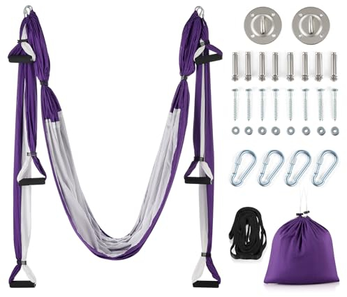 ZELUS Aerial Yoga Swing Set, Aerial Silks with Ceiling Mount Kit and Extension Straps, Antigravity Yoga Hammock Home Gym Include 2 Extensions Straps and Ceiling Mounting Kit, Purple