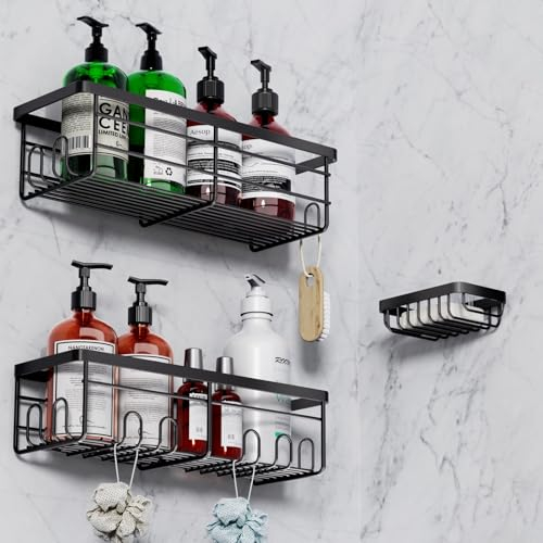 Lehuveky Duschablage ohne Bohren - 3 Stück Schwarz Duschregal - Rostfrei Badezimmer Regal mit Seifenhalter - Große Badregal Shampoo Halterung für Dusche
