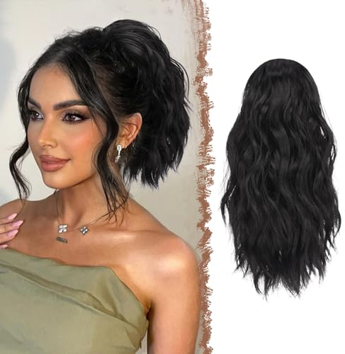 FESHFEN Schwarz Pferdeschwanz Haarteil mit Kordelzug, 30 cm Wellen Zopf Pferdeschwanz Verlängerung Aus Schwarz Haare Extension Synthetik Kurz Wellig Haarverlängerung Ponytail für Damen Frauen