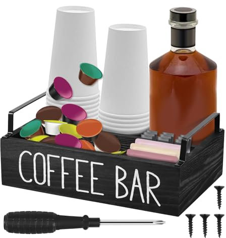 Coffee Station Organizer 4 Compartments Coffee Bar Organizer with 2 Handles, Wood Coffee Pods Holder Storage Basket Versatile Coffee Organizer Station for Holding Coffee, Sugar, Salt, Tea Bag(Black)