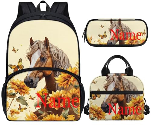 Vanideaoty 3-in-1-Set mit Pferde-Motiv, Sonnenblumen-Schulrucksack, Laptop, personalisierbar, Schultasche für Teenager, Mädchen, Jungen, High School, Kinder-Rucksack mit Lunchbox und Federmäppchen,