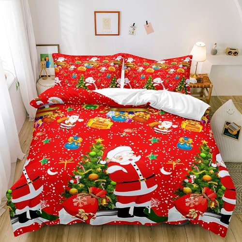 Luofanfei Weihnachts Bettwäsche 135x200 4teilig Rot Weiß Grün Weihnachtsbaum Weihnachtsmänner Warm Weiche Bettwäsche Set Weihnachten Microfaser Bettbezüge und Kissenbezüge 80x80cm mit Reißverschluss