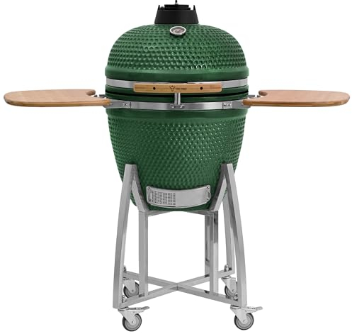 BBQ-Toro Kamado Grill Holzkohlegrill KURO Ø 52 cm | Grün | Holzkohlegrill mit Bambusablage, Thermometer, Holzgriffen, Rollen | Keramikgrill rund, Ceramic Grill Ei, Grillofen, Kamado mit Ablage