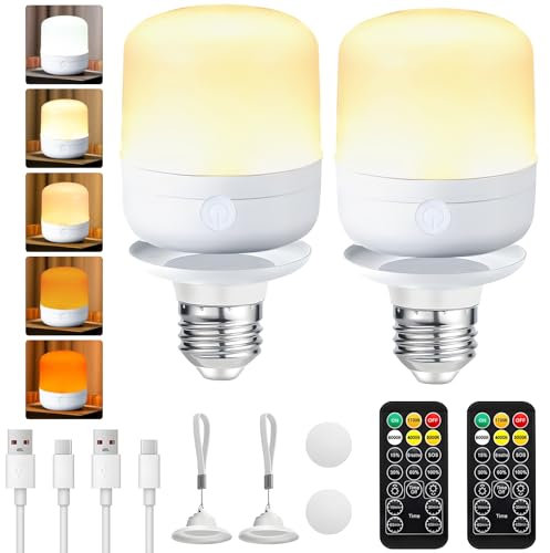 Hoquare E27 Rechargeable Light Bulbs, 2pcs Remote Control LED Light Bulbs with Timer, 4 Dimmable, RGB Color Changing, Battery Powered Detachable LED Bulb for Wall Sconce, Hanging Lights (Style 2)