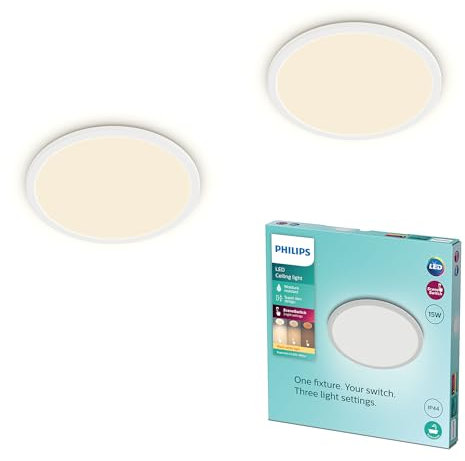 Philips LED Badezimmer Deckenleuchte Superslim, weiß, 15W, warmweißes Licht 2.700K, 3 Lichteinstellungen - dimmen ohne Dimmer, IP44 Schutz, Doppelpack