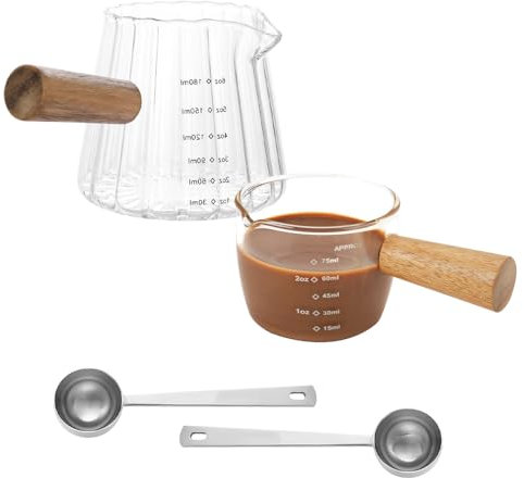 DIYJEP 2 Piezas Vaso Medidor Espresso con 2 Piezas Cucharas Medidoras de Café, Taza de Espresso con Mango de Madera, Taza Medidoras de Vidrio de Doble Escala, Jarra Medidora Cristal para Café Leche