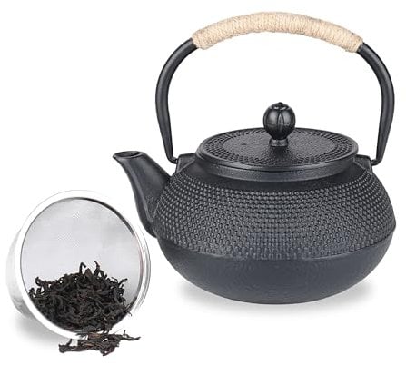 Spring Chef Stovetop Cast Iron Teapot with Stainless Steel Infuser, Black Traditional Japanese Tetsubin Tea Kettle, Removable Infuser Tea Pot Handmade 900ml/30.43oz