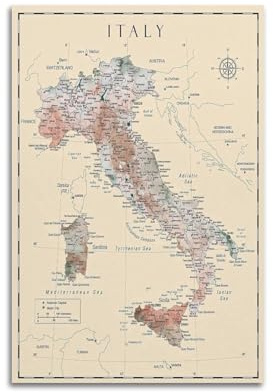 Poster mit europäischer Karte im Vintage-Stil, Italien-Poster, dekorative Malerei, Leinwand, Wandposter und Kunstdruck, moderne Familienschlafzimmer-Dekoration, Poster, 60 x 90 cm