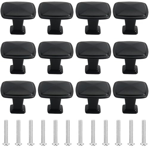 Roellgs 12-Pack Square Black Door Knobs - Cabinet and Cupboard Handles for Kitchen Drawers