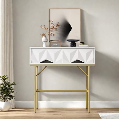 RTYUSWL Tables console pour entrée, bureau moderne et élégant, 80 x 40 x 80 cm, bureau avec 2 tiroirs, table de maquillage moderne pour couloir, chambre à coucher, entrée (blanc + doré)