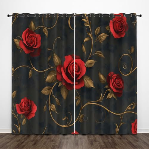 CEDNXOER Vorhang Blickdicht Vorhänge Grau 2er Set H 175 x B 140 cm Verdunklungsvorhänge mit Ösen, Zweige Blumen Fenstergardinen,Verdunkelungsvorhang Ösenschal Rose Gardinen