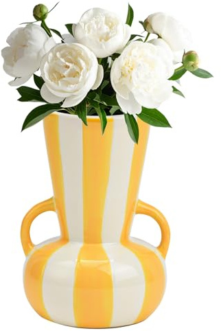 matches21 HOME & HOBBY Blumenvase bunt gestreift, gelb weiß in Ø 11 x 16 cm - Moderne Keramik Vase als Wohnzimmerdeko