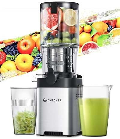 AMZCHEF 135mm Machine a Jus de Fruit Extracteur Entiers - Jus de Fruits et Légumes à Mastication Lente Slow Juicer - Sans Préparation Extracteur de Jus Vertical - Argent